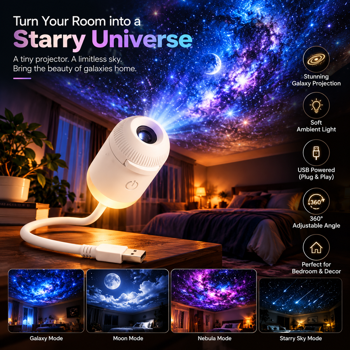 USB Galaxy Star Projector Lamp with Adjustable Focus