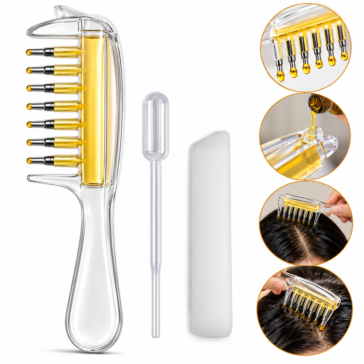Refillable hair oil applicator comb and scalp massager
